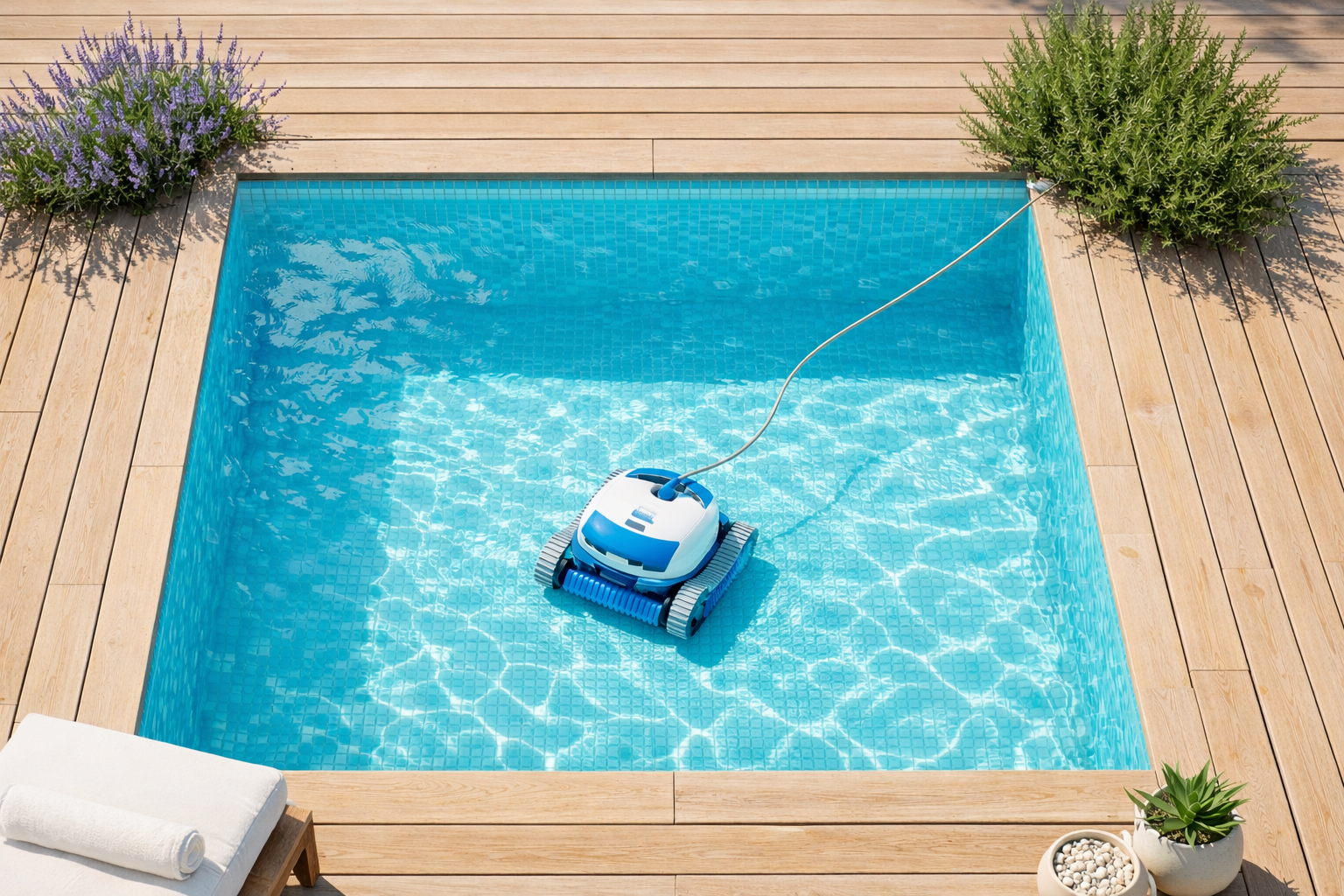 Robot limpiafondos automático limpiando el fondo de una piscina en primavera — guía de compra 2026