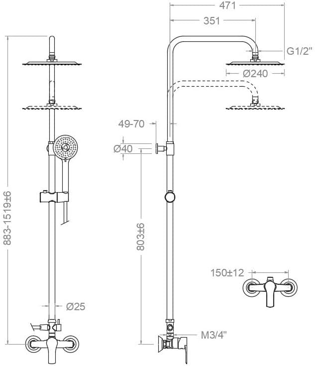 Ramon Soler Titanium - Conjunto Ducha Monomando con BarraTelescópica y rociador redondo ABS, 3 funciones, Sin acabado, Cromo