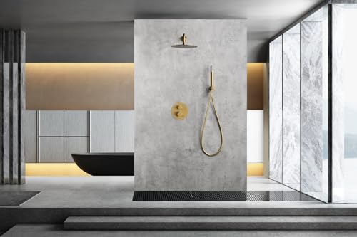 Imex - Sistema de Ducha Termostático Monza GTM039OC | Acabado Oro Cepillado, Rociador Inoxidable Extraplano Ø25 cm, Grifería de Latón con Cartucho Termostático, Caudal Alto