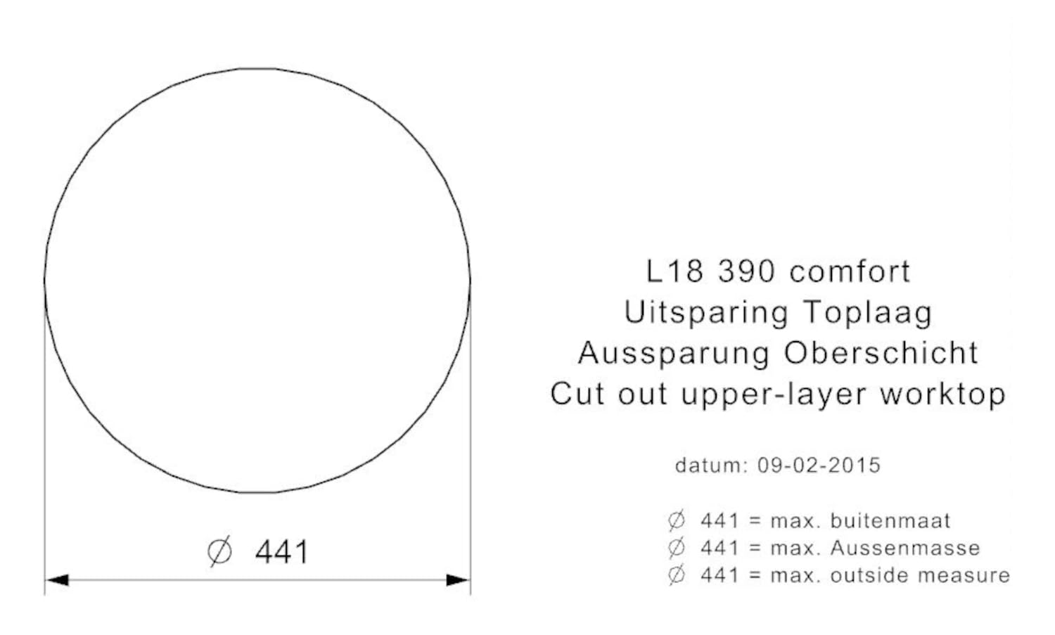 Reginox L18 390 Comfort piscinas redondas de acero inoxidable fregadero ras/montaje bajo la encimera/Plano empotrable – Recorte de dimensiones placa (Diámetro): 420 mm/fregadero Acero Inoxidable