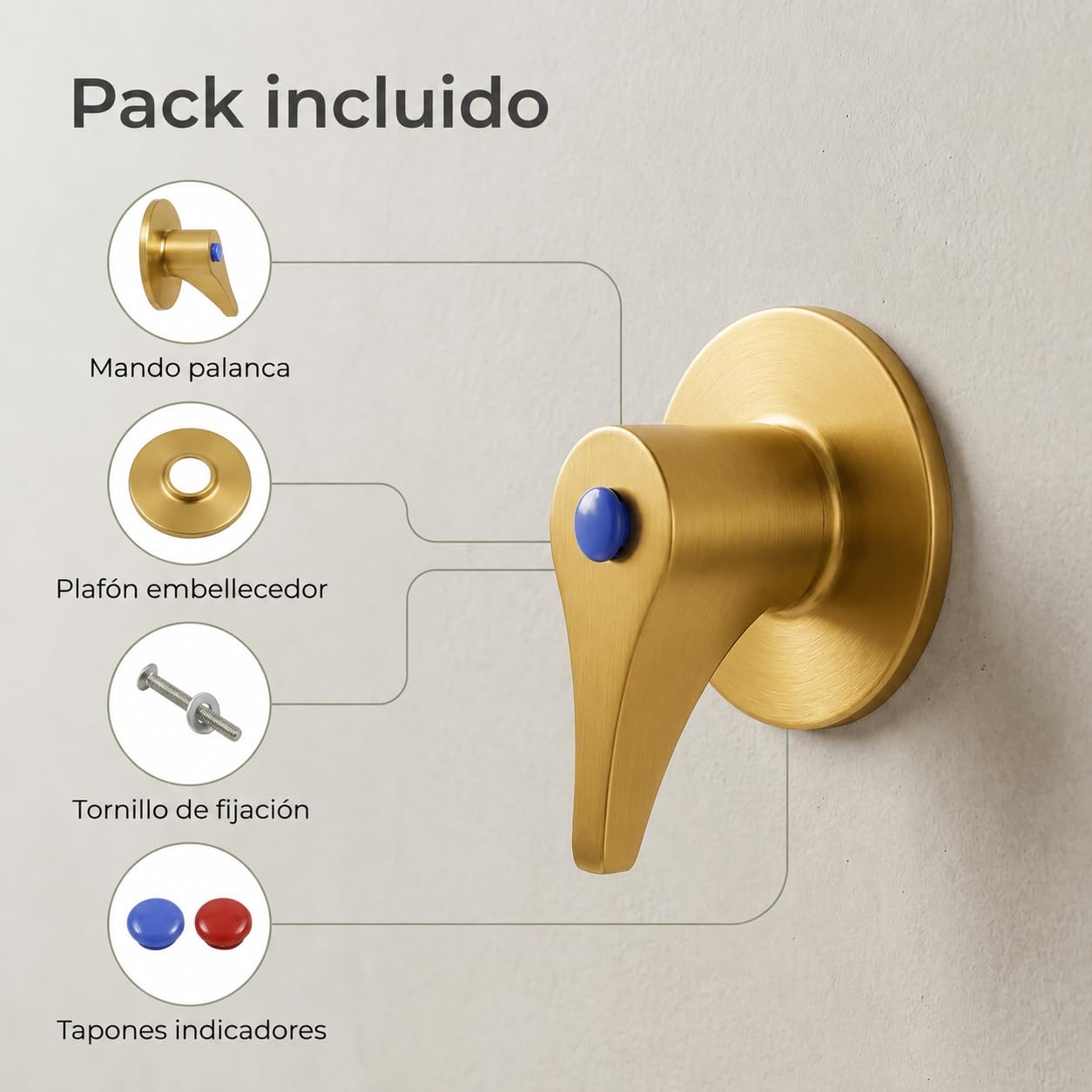 Mando Palanca con Plafón para Eje Cuadrado Oro Cepillado