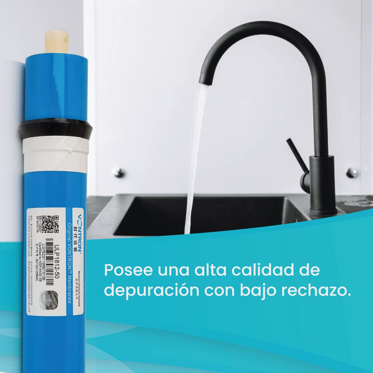 Membrana Vontron Ideal para Osmosis Inversa - 50GPD - Especial para Eliminar Sales Inorgánicas, Metales Pesados, Materia Orgánica y Materiales Químicos - Nature Water Professionals