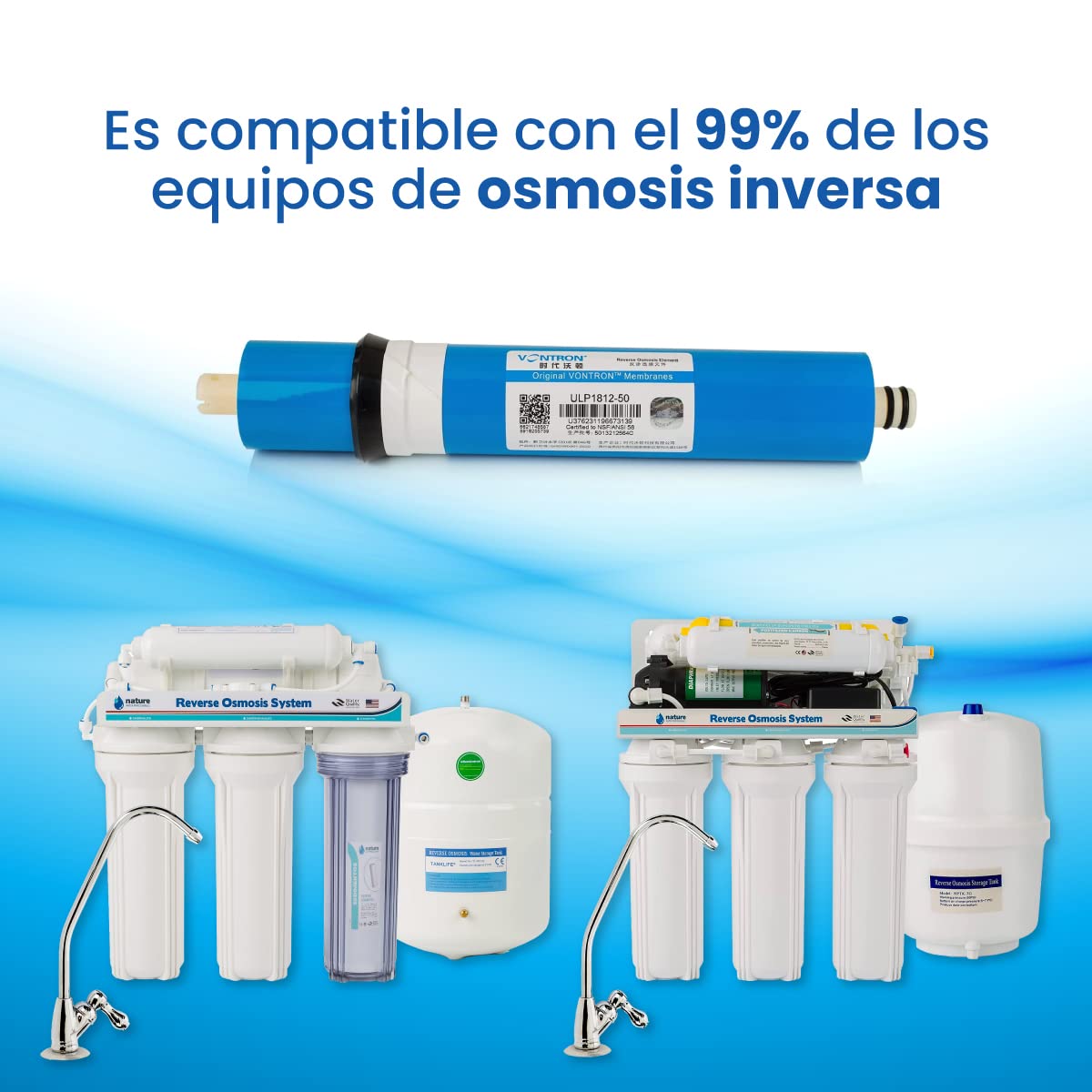 Membrana Vontron Ideal para Osmosis Inversa - 50GPD - Especial para Eliminar Sales Inorgánicas, Metales Pesados, Materia Orgánica y Materiales Químicos - Nature Water Professionals