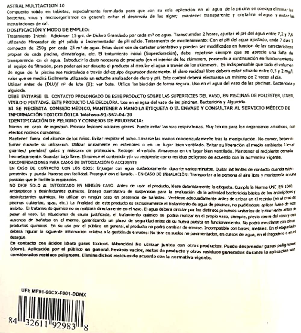 Cloro10 Acciones ASTRALPOOL de Disolución Lenta y Continua 5kg - Tratamiento Multiacción - Especial Gresites y Filtros de Arena-