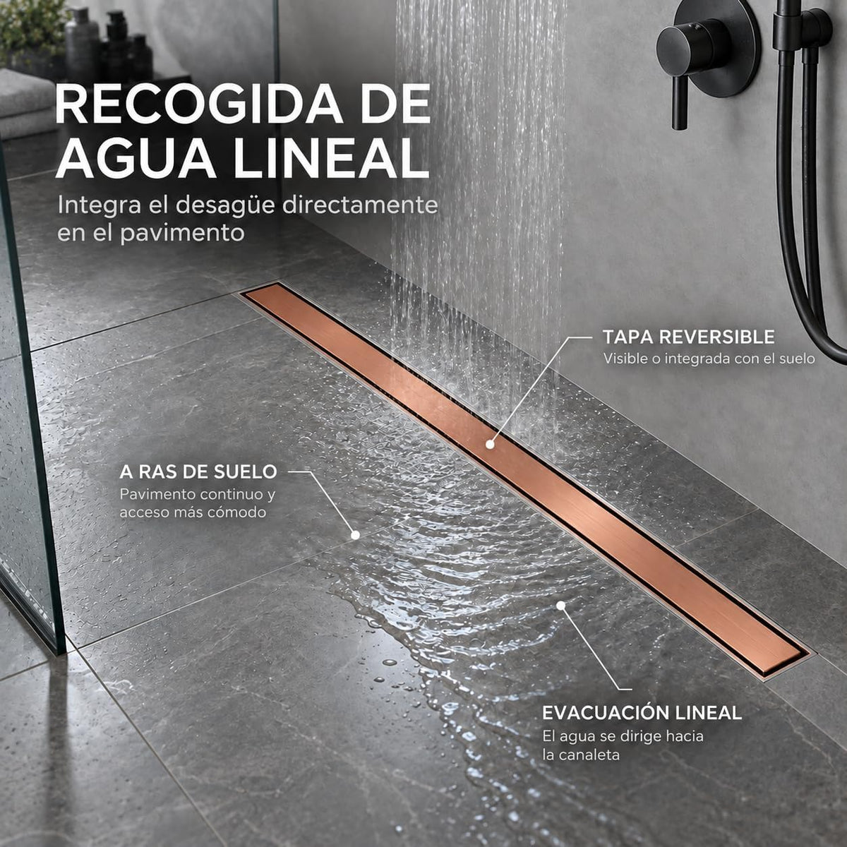 GME Canaleta de Ducha con Tapa Reversible para Ducha a RAS de Suelo
