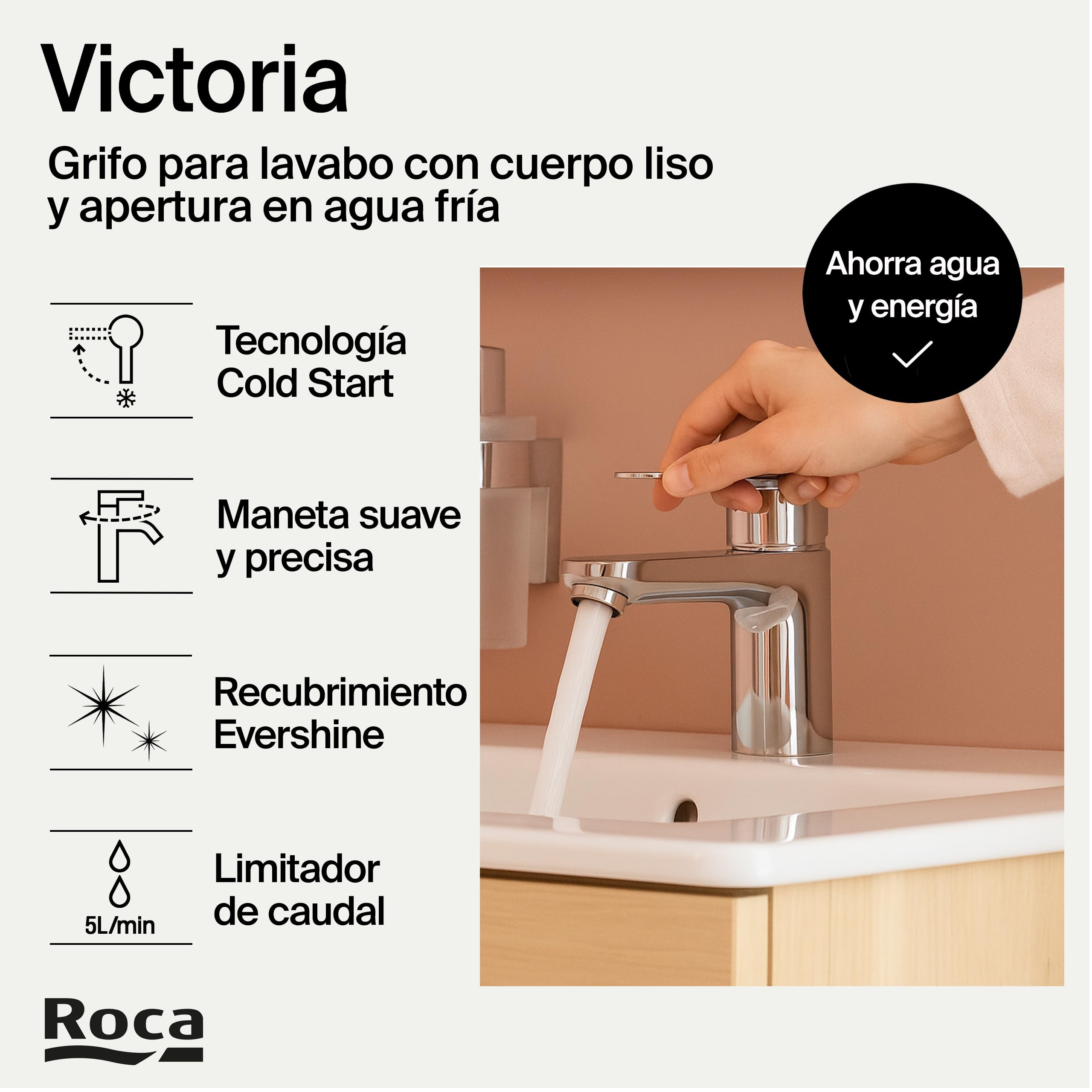 Roca Victoria Plus Grifería para lavabo con tecnología ColdStart