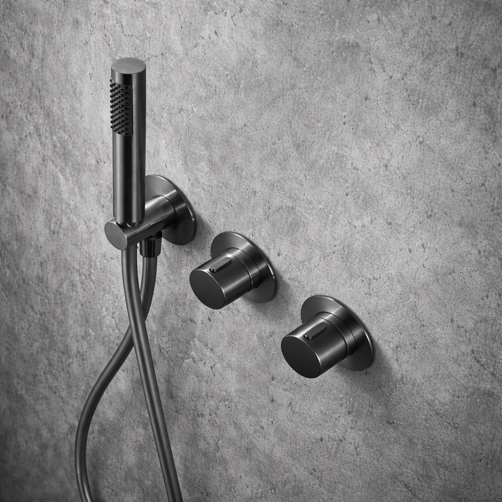 Ducha empotrada termostática IMEX Assen GTA052 con rociador redondo Ø25 black gun metal baño