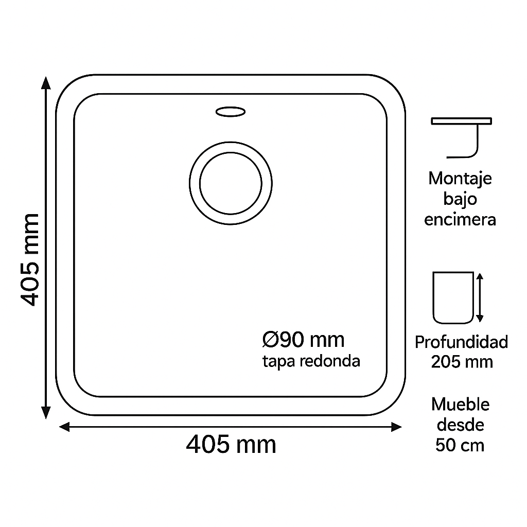 Fregadero de cocina SYAN KALI – Bajo encimera, resina sintética 450×450 mm | Varios colores