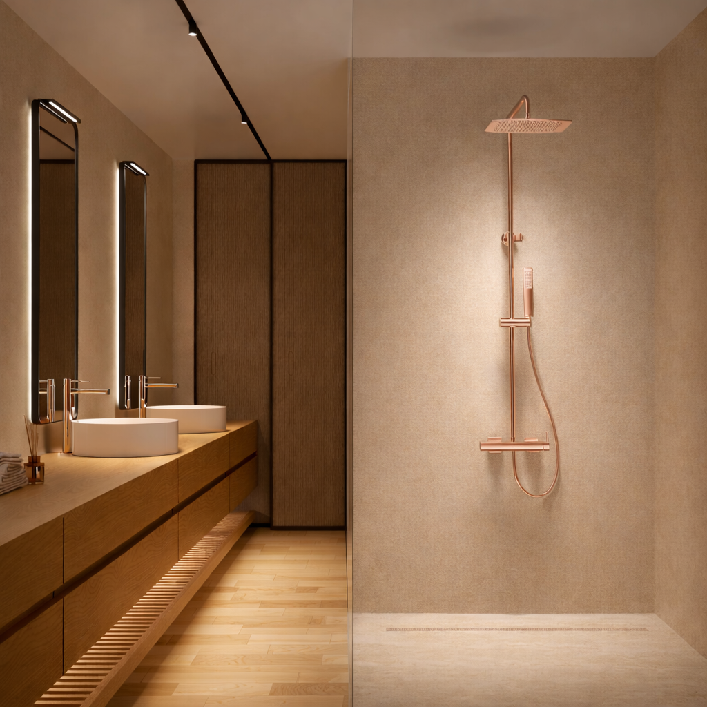 columna de ducha monomando IMEX Toscana BDT064 oro rosa cepillado