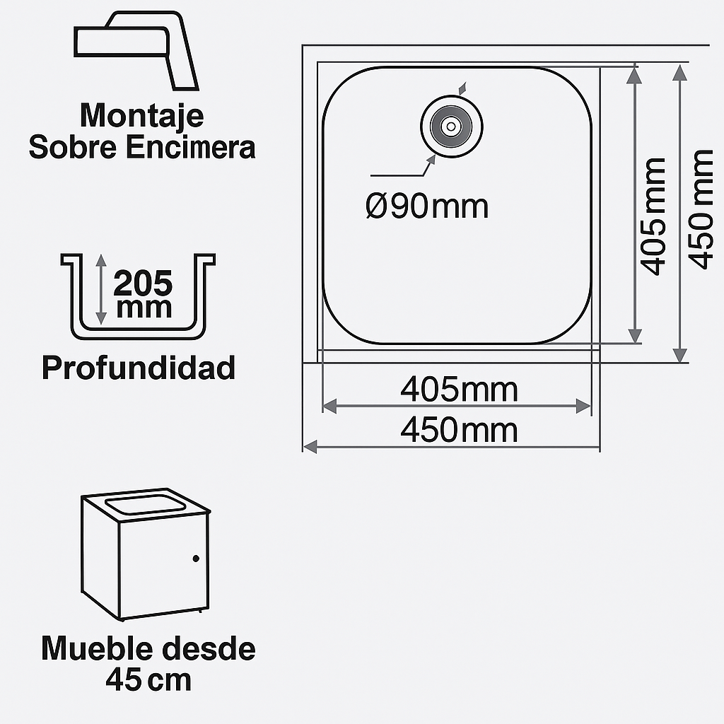 Fregadero de cocina SYLAN KALI – Bajo encimera, resina sintética 450×450 mm | Varios colores