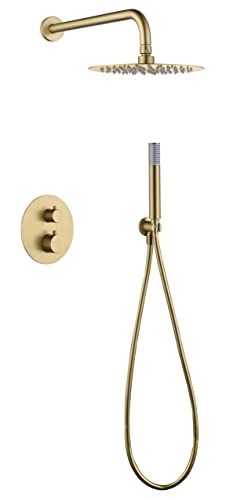 Imex - Sistema de Ducha Termostático Monza GTM039OC | Acabado Oro Cepillado, Rociador Inoxidable Extraplano Ø25 cm, Grifería de Latón con Cartucho Termostático, Caudal Alto