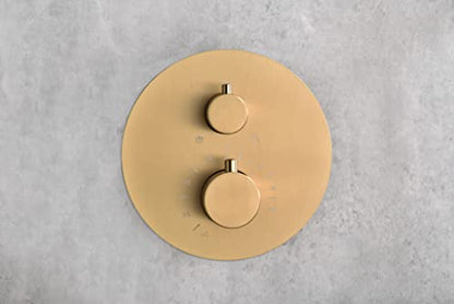 Imex - Sistema de Ducha Termostático Monza GTM039OC | Acabado Oro Cepillado, Rociador Inoxidable Extraplano Ø25 cm, Grifería de Latón con Cartucho Termostático, Caudal Alto