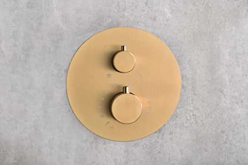 Imex - Sistema de Ducha Termostático Monza GTM039OC | Acabado Oro Cepillado, Rociador Inoxidable Extraplano Ø25 cm, Grifería de Latón con Cartucho Termostático, Caudal Alto