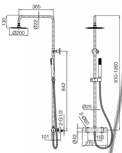 Columna ducha termostática IMEX MONZA BTM039-NQ níquel cepillado medidas