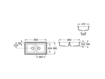 Roca A872901A01 Fregadero 2 Cubetas, Victoria 90, Acero Inox