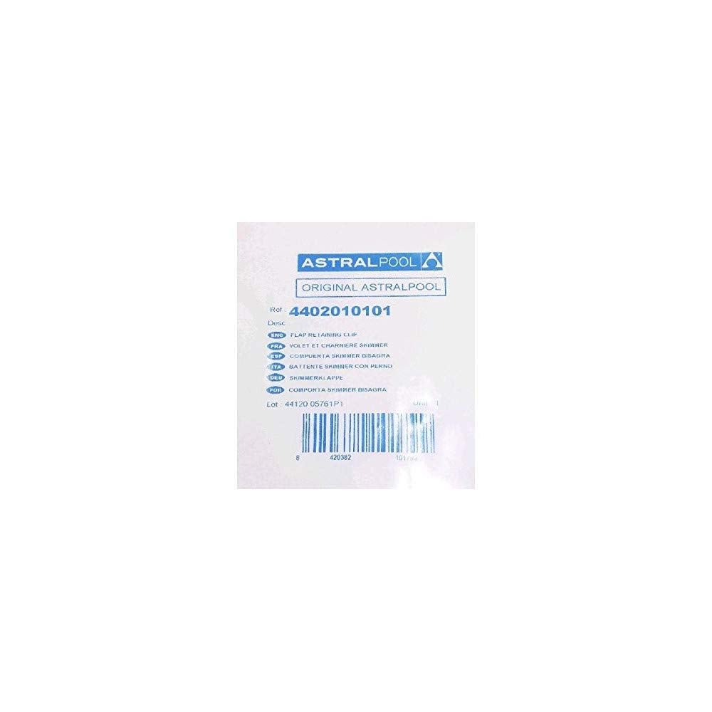 Compuerta skimmer con bisagra color blanco. Recambio original AstralPool para skimmer de 15 litros. Dimensiones: 19,5 x 13,5 cm. Código 4402010101