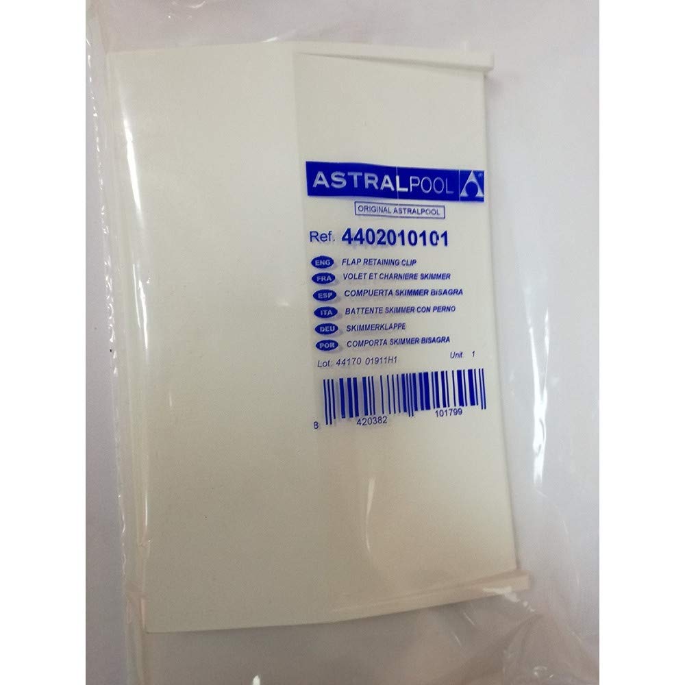 Compuerta skimmer con bisagra color blanco. Recambio original AstralPool para skimmer de 15 litros. Dimensiones: 19,5 x 13,5 cm. Código 4402010101