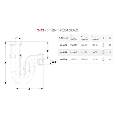 Sifón Curvo Extensible Jimten S-31 1 1/4 Salida Horizontal