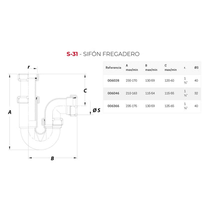 Sifon curvo extensible horizontal racor s-31 1 1/4