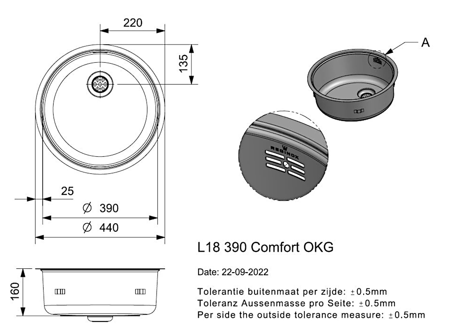 Reginox L18 390 Comfort piscinas redondas de acero inoxidable fregadero ras/montaje bajo la encimera/Plano empotrable – Recorte de dimensiones placa (Diámetro): 420 mm/fregadero Acero Inoxidable