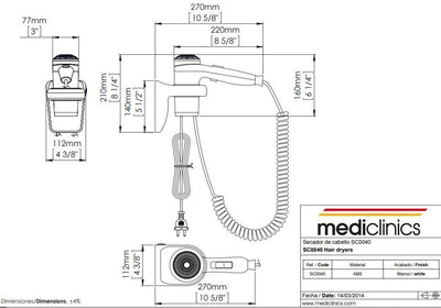 Secador de Cabello de Pared Mediclinics Lateral Blanco 1800 W