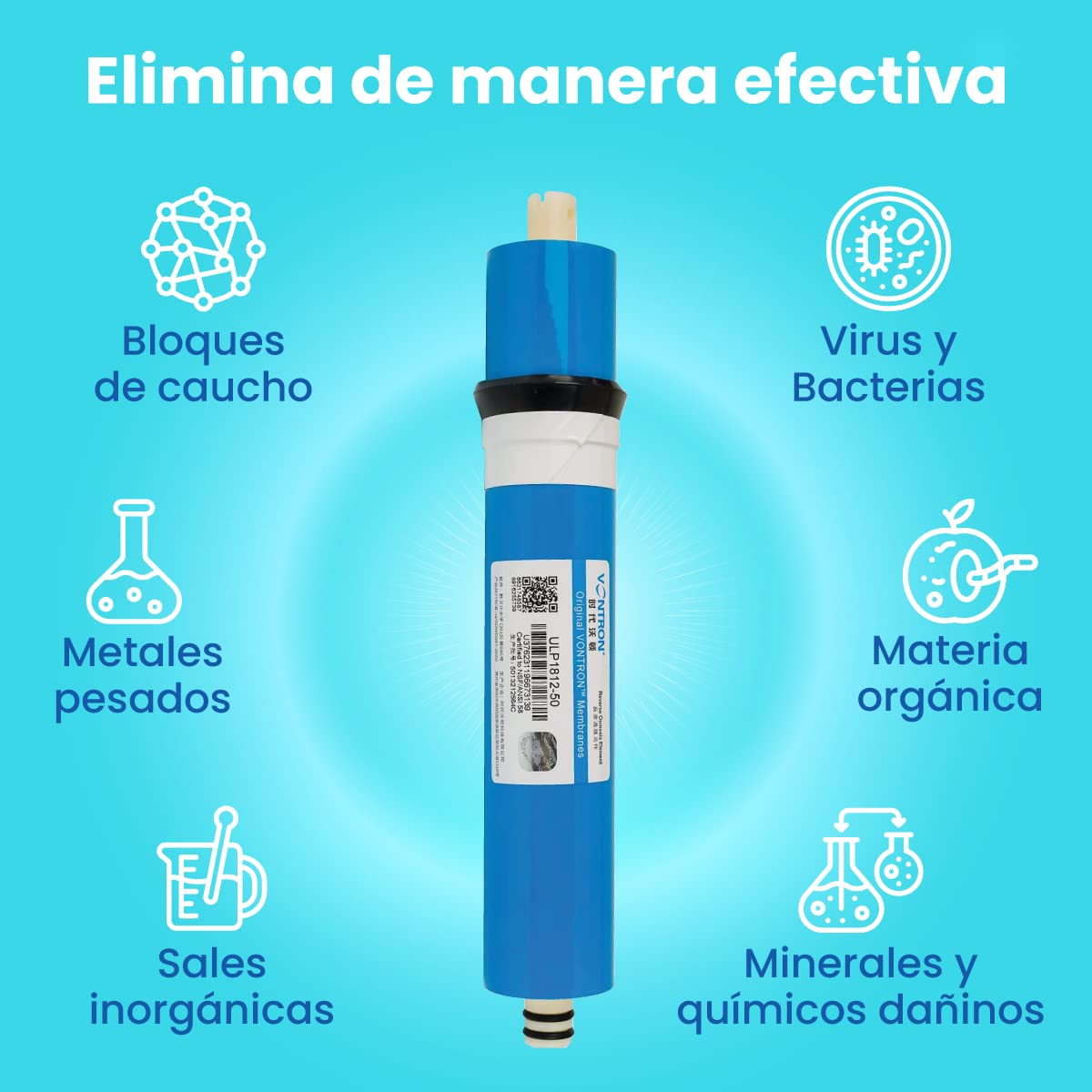 Membrana Vontron Ideal para Osmosis Inversa - 50GPD - Especial para Eliminar Sales Inorgánicas, Metales Pesados, Materia Orgánica y Materiales Químicos - Nature Water Professionals