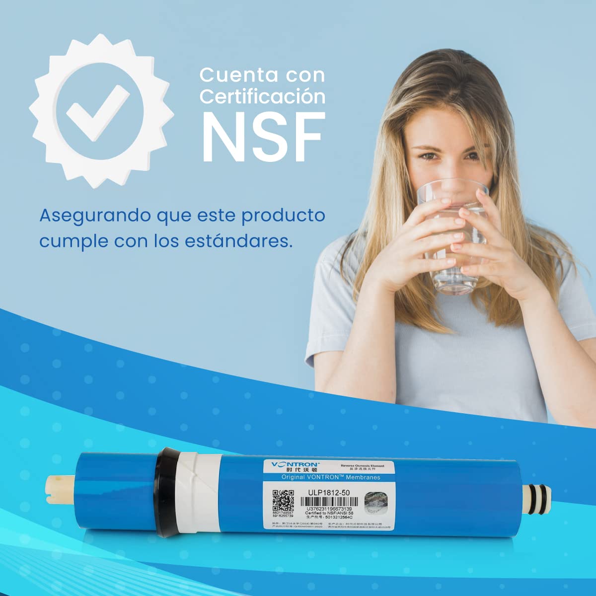 Membrana Vontron Ideal para Osmosis Inversa - 50GPD - Especial para Eliminar Sales Inorgánicas, Metales Pesados, Materia Orgánica y Materiales Químicos - Nature Water Professionals