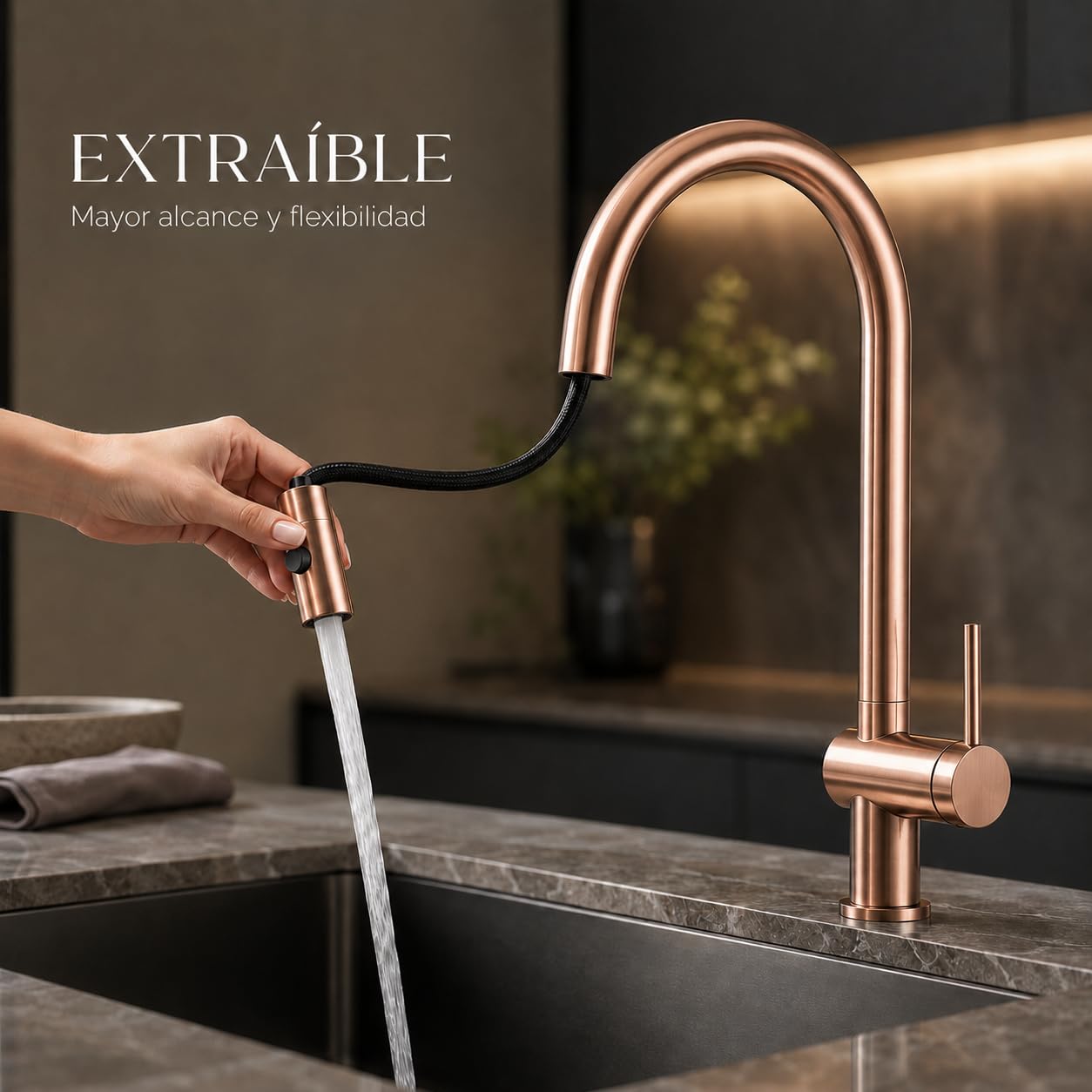 Grifo Cocina Extraíble IMEX Lazio GOS006/ORC Oro Rosa Cepillado