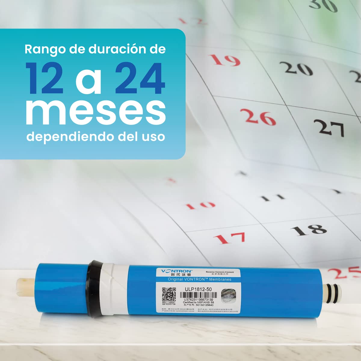 Membrana Vontron Ideal para Osmosis Inversa - 50GPD - Especial para Eliminar Sales Inorgánicas, Metales Pesados, Materia Orgánica y Materiales Químicos - Nature Water Professionals