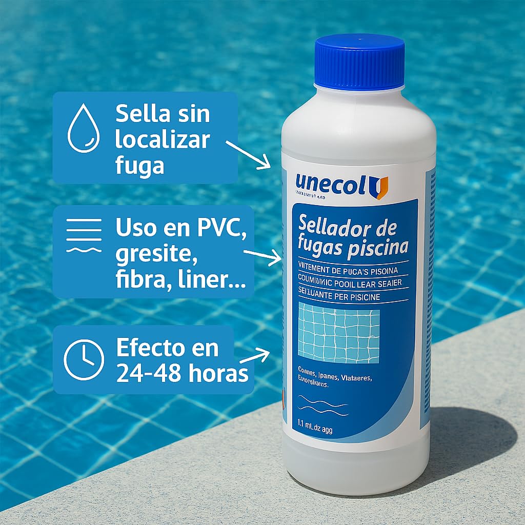 Unecol - Sellador de Fugas Piscina Unecol 1L – Repara Grietas y Filtraciones sin Vaciar – Apto para Gresite, Liner, PVC, Hormigón – Agua Dulce o Salada