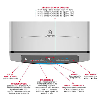 Termo Eléctrico 100L Litros Multiposición, Calentador de Agua Eléctrico Plano Ariston Velis Tech Dry Wifi