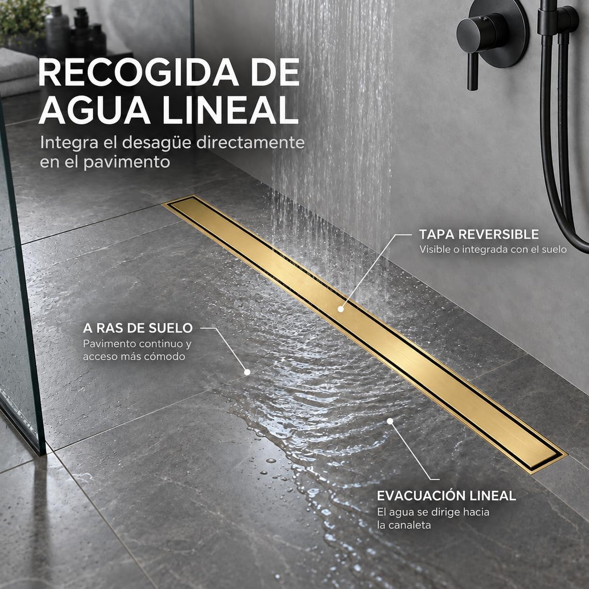 GME Canaleta de Ducha con Tapa Reversible para Ducha a RAS de Suelo