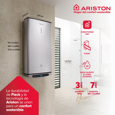 Termo Eléctrico 100L Litros Multiposición, Calentador de Agua Eléctrico Plano Ariston Velis Tech Dry Wifi