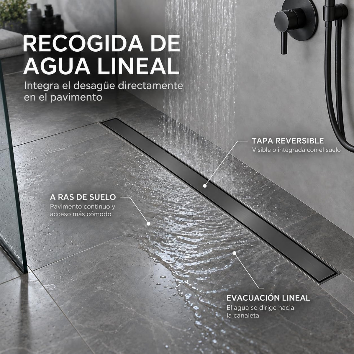 GME Canaleta de Ducha con Tapa Reversible para Ducha a RAS de Suelo