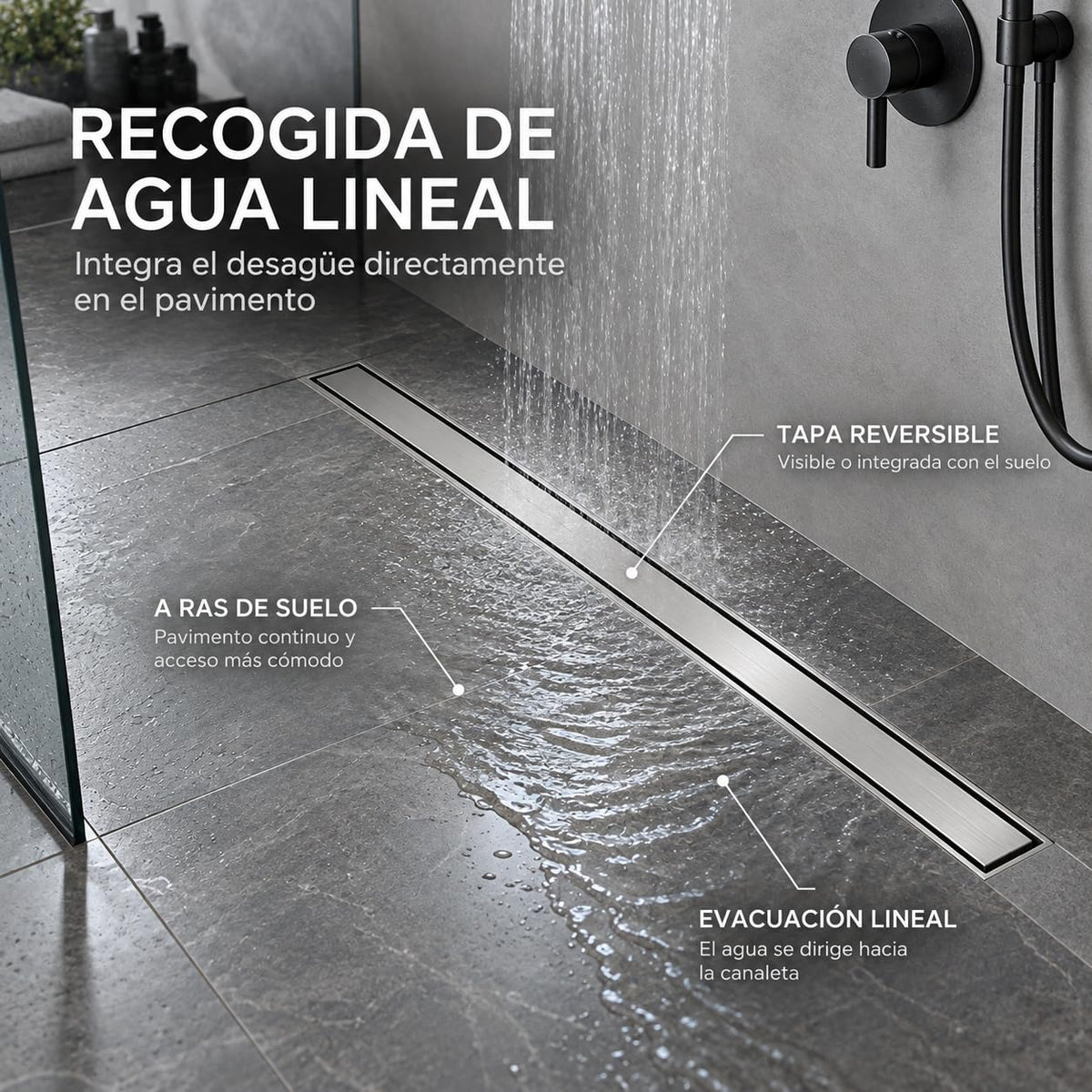 GME Canaleta de Ducha con Tapa Reversible para Ducha a RAS de Suelo
