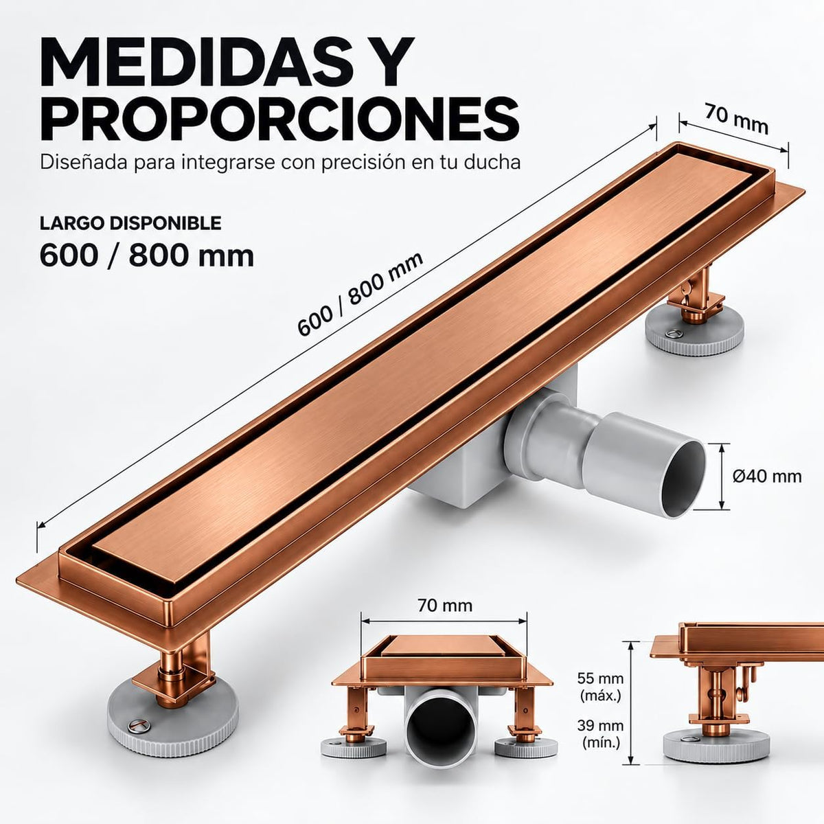 GME Canaleta de Ducha con Tapa Reversible para Ducha a RAS de Suelo