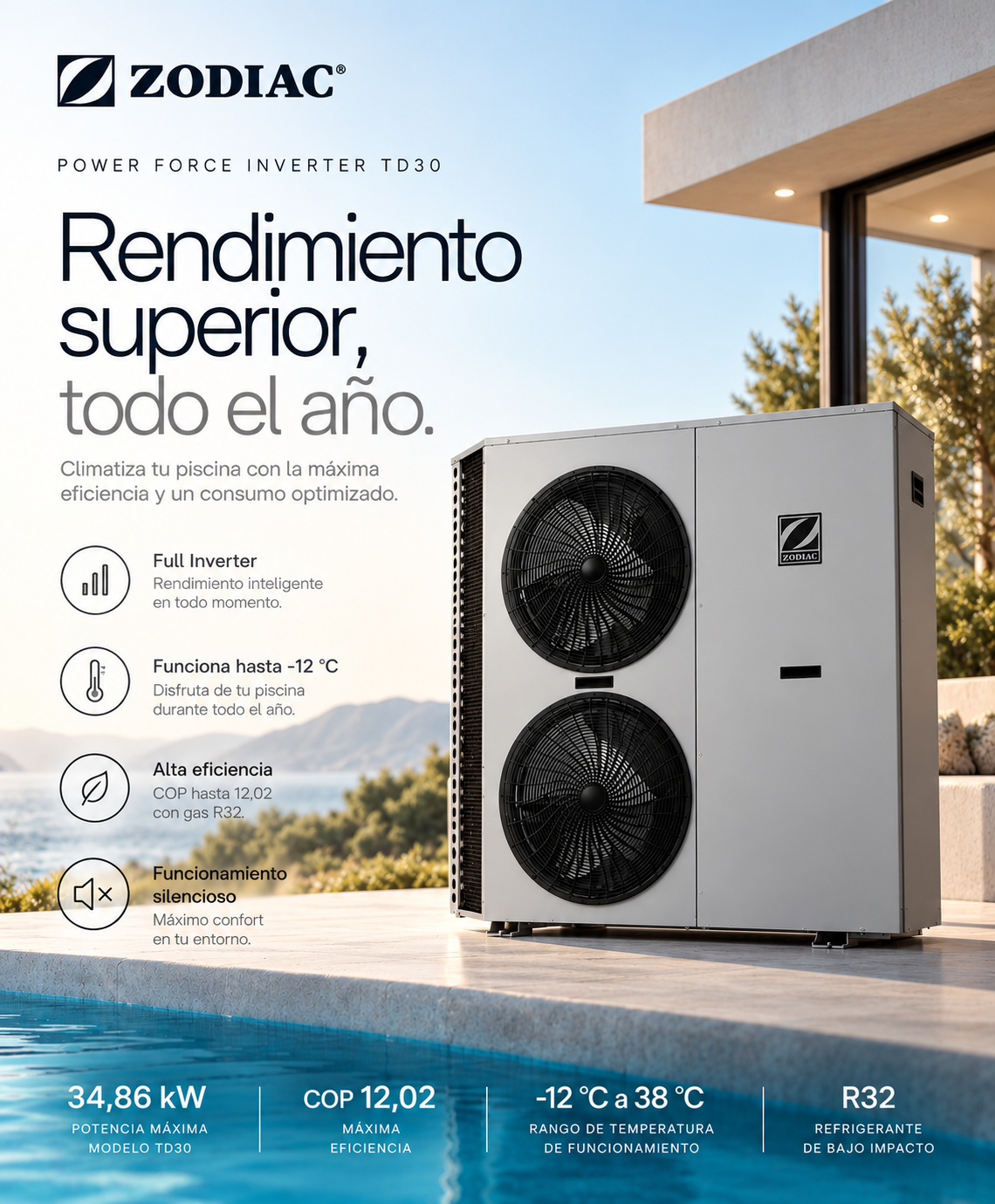 Bomba Calor Piscina Zodiac Power Force Inverter td30
