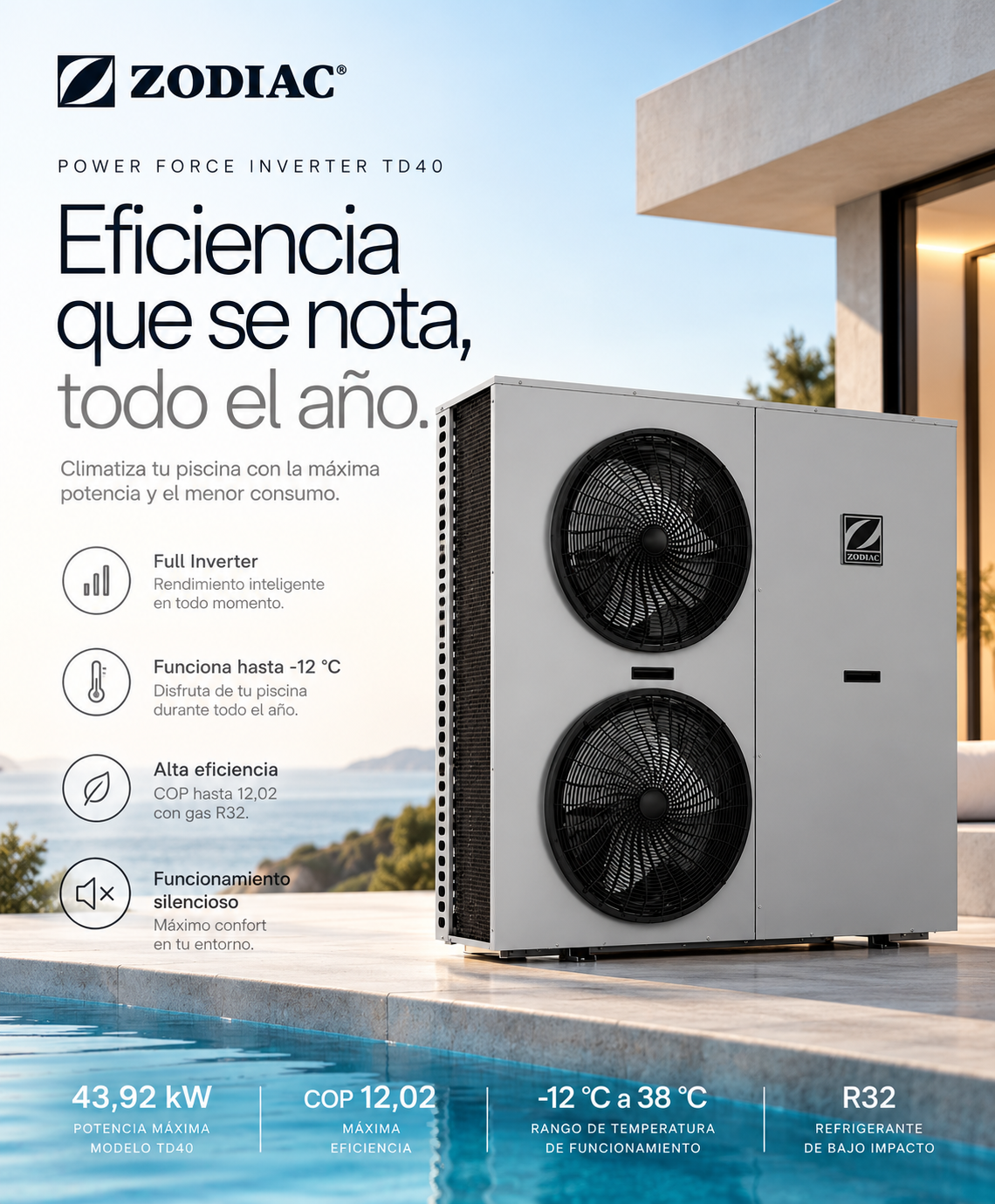 Bomba Calor Piscina Zodiac Power Force Inverter td40