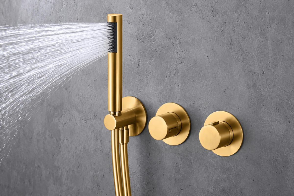 Ducha empotrada termostática IMEX Assen GTA052 con rociador redondo Ø25 oro cepillado baño
