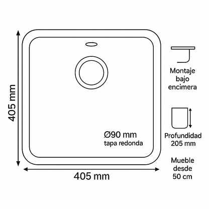 Fregadero de cocina SYAN KALI – Bajo encimera, resina sintética 450×450 mm | Varios colores