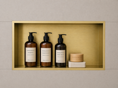Hornacina ducha Medimex Pacific HOR002 oro cepillado instalada en ducha