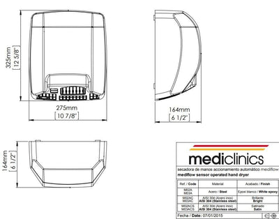 Secador de manos Mediclinics Mediflow M03AC acero inoxidable brillante medidas
