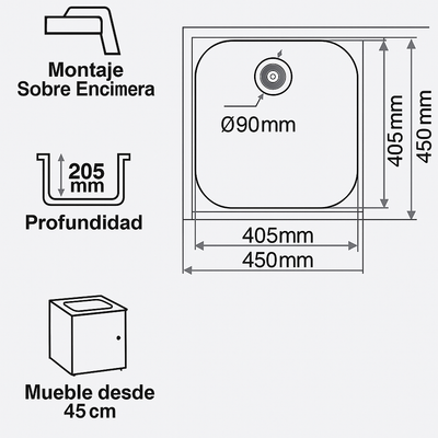 Fregadero de cocina SYAN KALI – Sobre encimera, resina sintética 450×450 mm | Varios colores