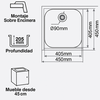 Fregadero de cocina SYLAN KALI – Bajo encimera, resina sintética 450×450 mm | Varios colores