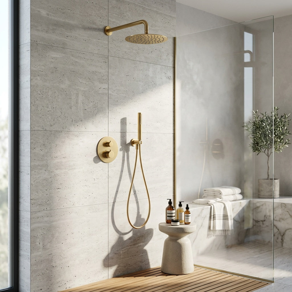 Conjunto Ducha Empotrado Termostático IMEX Nápoles GTN047/OC Oro Cepillado PVD